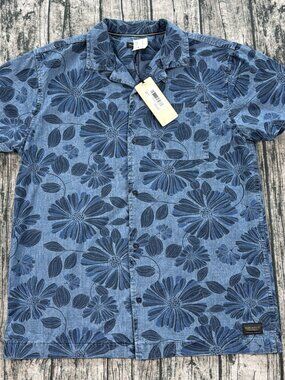 Silver Jeans Co SMS242535 Floral Camp Collar Shirt Men M Blue Cotton READ